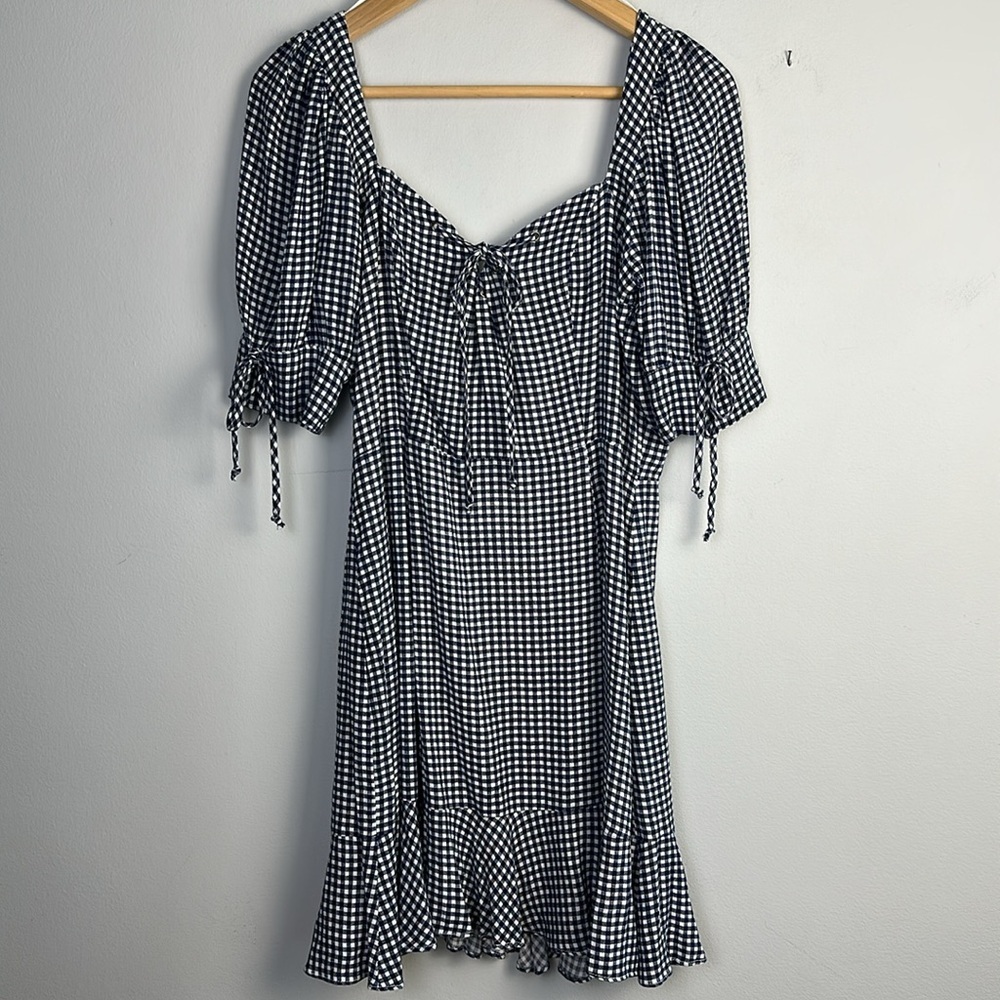 NEW Dress Forum Puff Sleeve Blue Gingham Mini Ruffle Hem Dress Lg Viscose Lined - Picture 2 of 16
